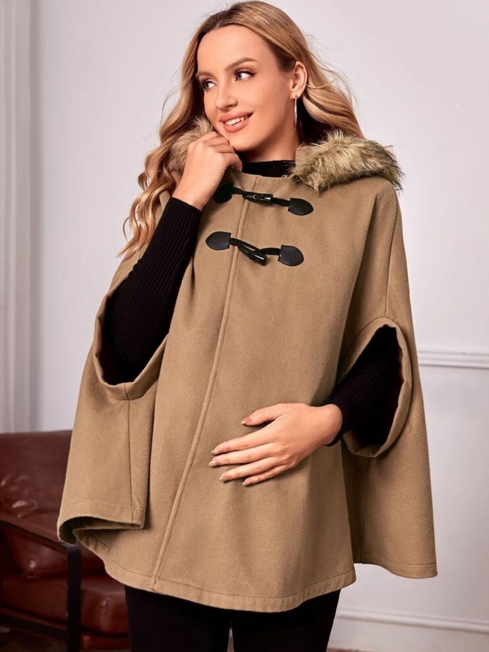 SHEIN L Tan Faux Fur Hooded Cape Jacket